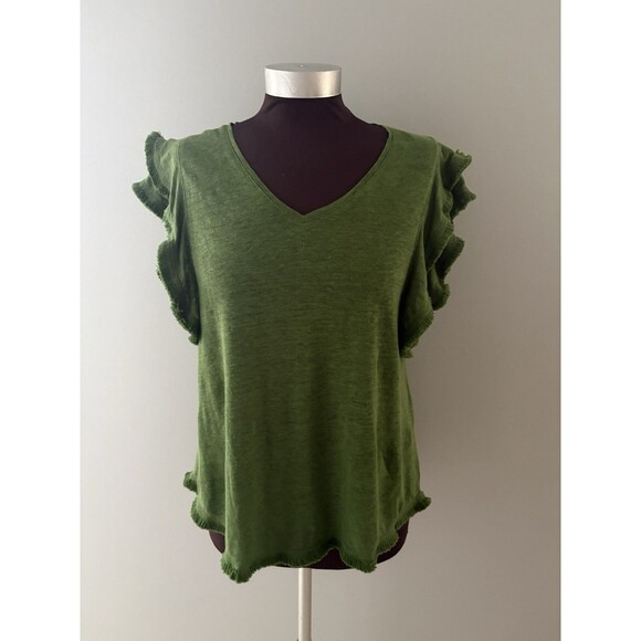 Chicos Linen Top Size M Green Ruffle Flutter Sleeve Relaxed Fringe Preppy Forest - Picture 1 of 16